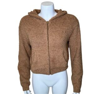 Skims Cropped Teddy Fleece Hoodie S/M Zip Pockets Brown